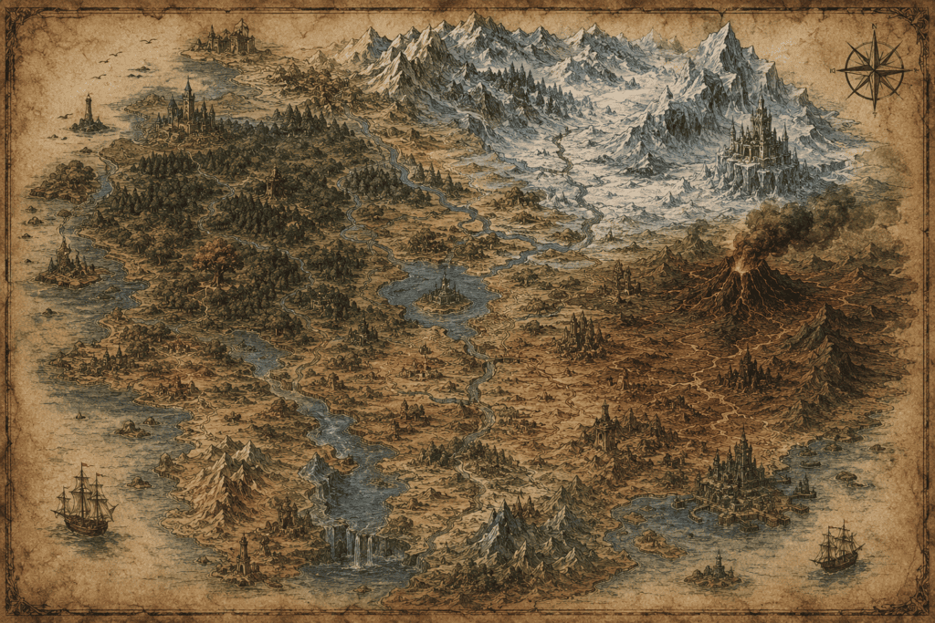 mapa de fantasía con Tierra, Agua, Fuego y Hielo-Luz